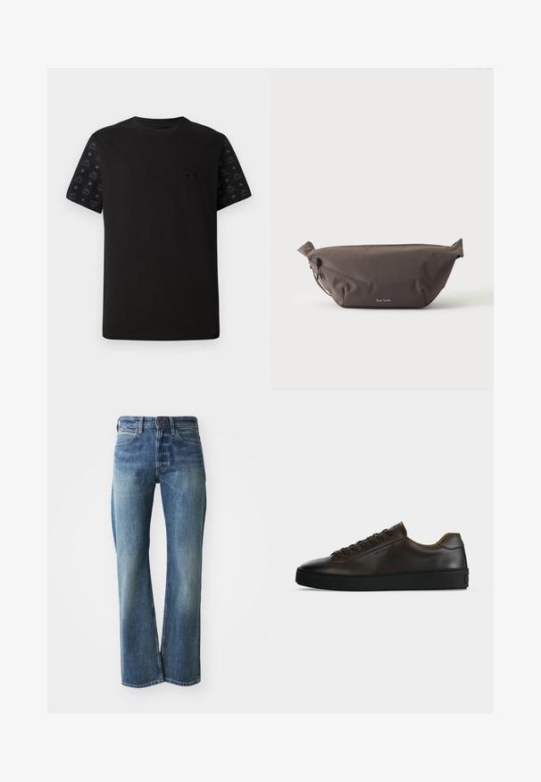 Sort t-shirt med korte ærmer, der har en ensfarvet front og mønstrede sorte detaljer på ærmerne. Materialet ser blødt og glat ud.; Denim jeans med en lys til mellemblå farve, lige ben skæring, klassisk fem-lommer design og subtil falmning foran.; Lavprofil mørkebrune lædersneaker med sort gummisål, snørelukning foran og glat minimalistisk design på lys baggrund.; Mørkebrun stof talje taske med diagonalt lynlåslomme og lille hvidt logo på fronten, sat mod en ensfarvet lys baggrund.