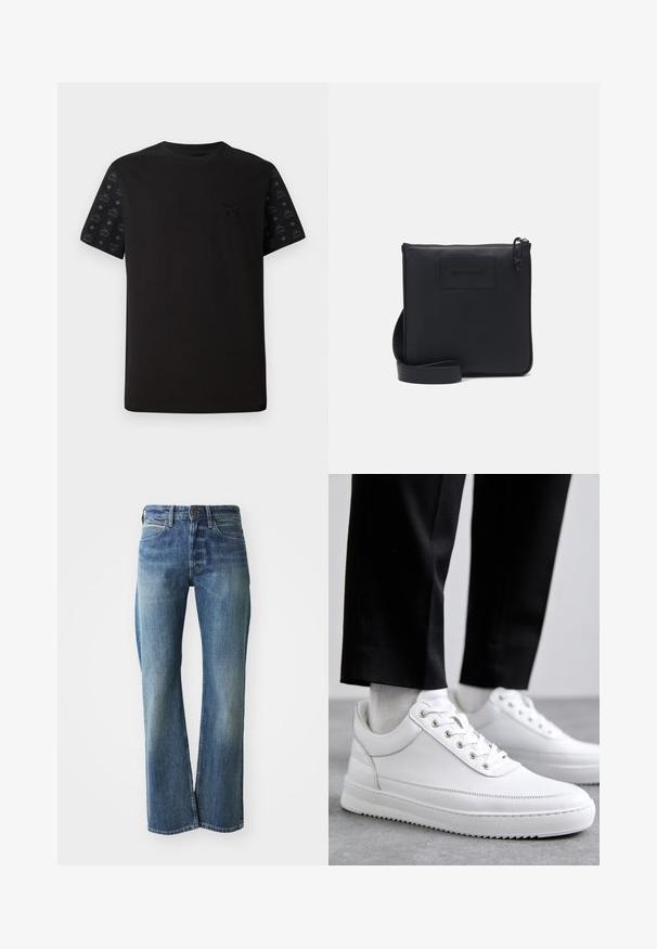 Zwarte t-shirt met korte mouwen, met een effen voorkant en zwart met patroon op de mouwen. Het materiaal lijkt zacht en glad te zijn.; Denim jeans in een licht tot gemiddeld blauwe kleur, met een recht gesneden pijp, klassiek vijf-pocket ontwerp en subtiele vervaging aan de voorkant.; Witte leren sneakers met een platte rubberen zool, met een soepele afwerking, ronde neus en metalen oogjes voor de veters. Draag ze met een zwarte broek.; Zwarte leren schoudertas met een gestructureerde afwerking, rechthoekige vorm, ritssluiting en verstelbare schouderband. Kenmerkt zich door een subtiele merklogo aan de voorkant.