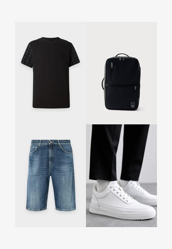 Sort t-shirt med korte ærmer, der har en ensfarvet front og mønstrede sorte detaljer på ærmerne. Materialet ser blødt og glat ud.; Denimshorts i lyseblå vask med en falmet tekstur, fem-lomme design, metal knaplukning og syet kant.; Hvide lædersneakers med en flad gummisål, der har en glat overflade, rund tå og metaløjer til snørebånd. Bæret med sorte bukser.; Sort rektangulær rygsæk med lodrette lynlåslommer, topgreb, sidegreb og lille logopatch i nederste højre hjørne.