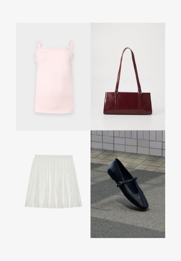 Camisole sans manches rose clair avec des bords froncés le long de l'encolure et des bretelles, présentée sur un fond clair uni.; Jupe blanche à volants avec une finition texturée. Dotée d'une taille élastique et de volants superposés, créant une silhouette fluide.; Chaussure plate Mary Jane en cuir noir avec une petite bride à boucle, posée sur une surface en asphalte gris près d'un mur carrelé.; Sac à main bordeaux en matériau brillant, de forme rectangulaire, avec deux anses et des accents légèrement courbés à l'avant.