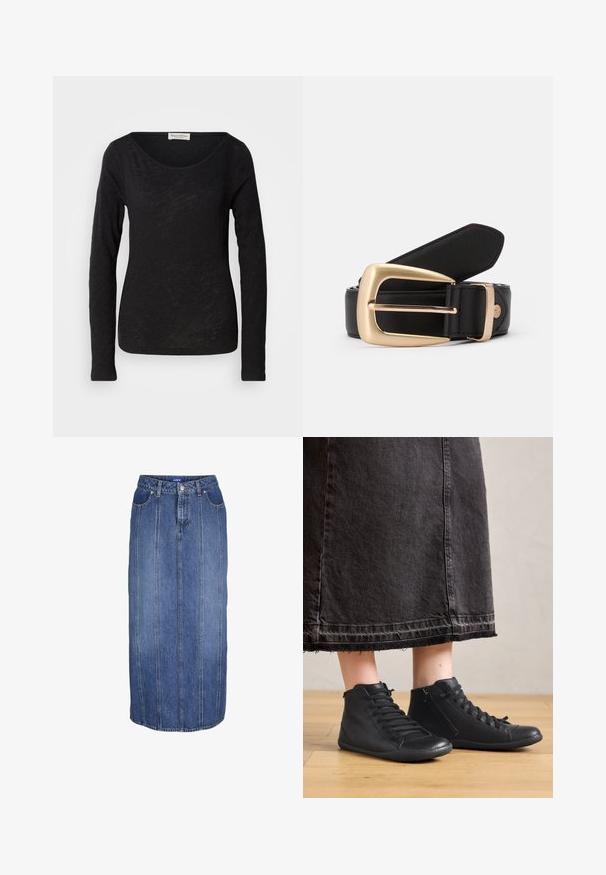 Schwarzes langärmliges Oberteil aus leichtem, strukturiertem Stoff. Hat einen runden Halsausschnitt und eine figurbetonte Silhouette mit minimalen Details.; Blauer Denim-Midirock mit vertikalen Nähten, vorderer Knopf- und Reißverschluss, Gürtelschlaufen und Fronttaschen.; Schwarze Leder-Hochschuhe mit glatter Oberfläche, ausgestattet mit Schnürsenkeln und einem seitlichen Reißverschluss. Getragen mit einem langen schwarzen Jeansrock.; Schwarzer Ledergürtel mit einer goldenen rechteckigen Schnalle. Der Gürtel hat eine glatte Textur und eine dezente Naht entlang der Kanten.