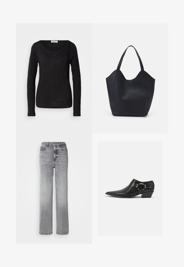 Schwarzes langärmliges Oberteil aus leichtem, strukturiertem Stoff. Hat einen runden Halsausschnitt und eine figurbetonte Silhouette mit minimalen Details.; Graue High-Waisted-Jeans mit geradem Bein, leichter Ausbleichung und klassischem Fünf-Taschen-Design sowie Metallknopfverschluss.; Schwarze Leder-Ankle-Boots mit spitzem Zeh, ausgestattet mit einem vorderen Leder-Riemen und einem silbernen Schnallendetail sowie einem niedrigen Blockabsatz.; Schwarze Tote-Bag aus glattem Leder, mit einem abgerundeten, offenen Oberteil, zwei Schulterträgern und einem minimalistischen Design.