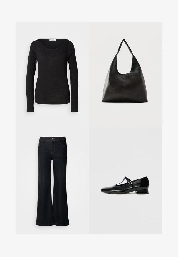 Schwarzes langärmliges Oberteil aus leichtem, strukturiertem Stoff. Hat einen runden Halsausschnitt und eine figurbetonte Silhouette mit minimalen Details.; Mos Mosh MMDARA DELUXE JEANS - Jeans Relaxed Fit - dark blue; Schwarze Mary Jane Schuhe aus Leder mit spitzer Spitze, kleinem Blockabsatz und verstellbarem Riemen mit silberner Schnalle. Glatte, glänzende Textur.; Schwarze, glatte Leder-Schultertasche mit einem breiten, einzelnen Riemen und einem lässigen, minimalistischen Design vor einem einfarbigen Hintergrund.