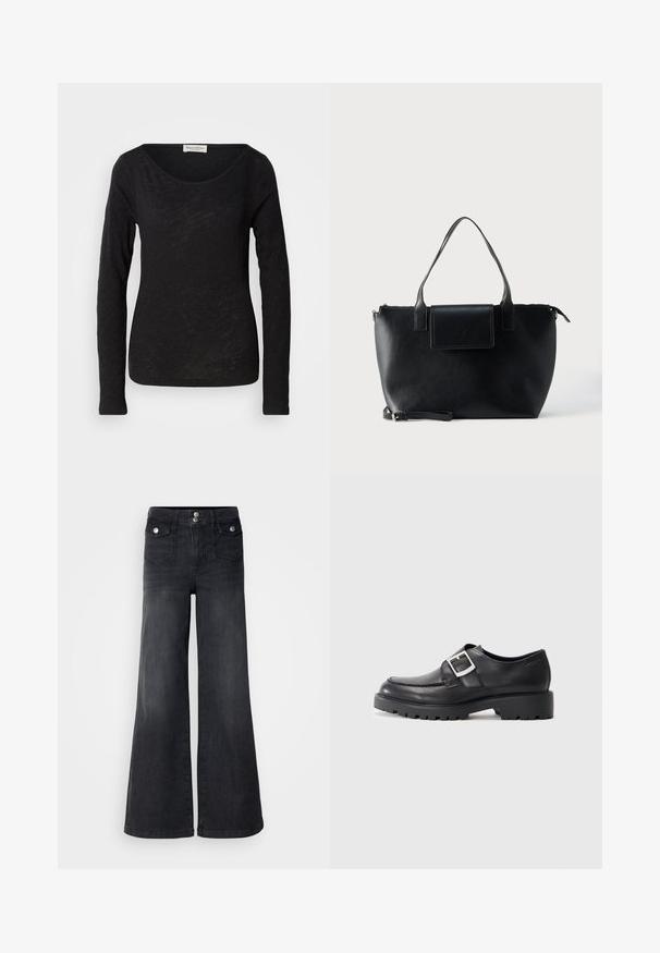Schwarzes langärmliges Oberteil aus leichtem, strukturiertem Stoff. Hat einen runden Halsausschnitt und eine figurbetonte Silhouette mit minimalen Details.; Schwarze Denim-Jeans mit weitem Bein und hoher Taille, mit vorderen Knöpfen und zwei Vordertaschen; glatte Textur mit leichtem Verwaschungsfinish.; Schwarze Lederschuhe mit einer abgerundeten Spitze, ausgestattet mit einem seitlichen Schnallen-Detail und einer dicken, robusten Sohle. Glatte Textur mit minimalen Nähten.; Schwarze Ledertasche mit zwei Griffen, abnehmbarem Riemen, magnetischer Klappe und glatter Textur. Reißverschluss oben und dekorative Naht.