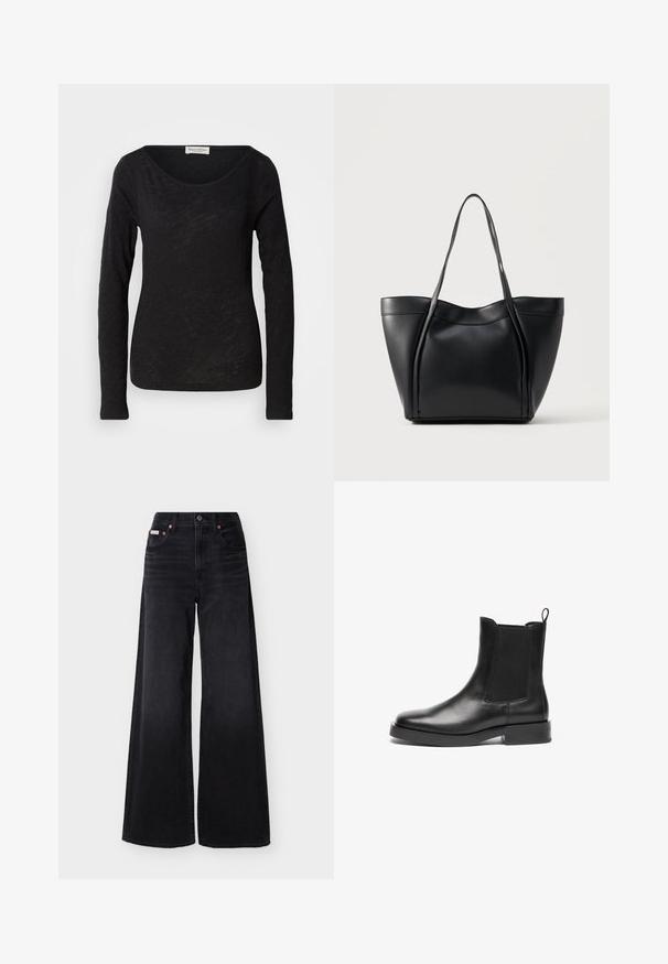 Schwarzes langärmliges Oberteil aus leichtem, strukturiertem Stoff. Hat einen runden Halsausschnitt und eine figurbetonte Silhouette mit minimalen Details.; Schwarze Jeans mit weitem Bein, hoher Taille, Knopfleiste vorne, Reißverschluss, Gürtelschlaufen und Fünf-Taschen-Design.; Schwarze Leder-Chelsea-Stiefel mit elastischen Seiteneinsätzen, runder Zehenpartie, Zugschlaufe und robuster schwarzer Gummisohle. Glatte Oberfläche und klassisches Design.; Schwarze Ledertasche mit zwei langen Henkeln und einem leicht gebogenen oberen Rand, vor einem schlichten hellen Hintergrund präsentiert.