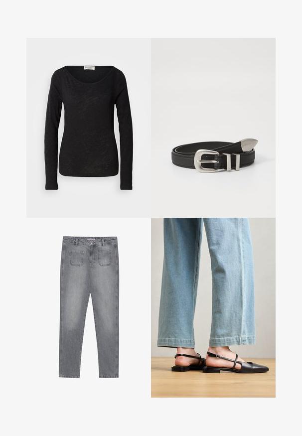 Sort langærmet top lavet af et let, tekstureret stof. Har en scoop-halsudskæring og en tætsiddende silhuet med minimal detaljering.; Grå denimjeans med lige snit, fem lommer og knaplukning. Har en lys vask og klassiske syningsdetaljer.; Sorte læder slingback-sko med spidse tæer, flad hæl og ankelrem; båret med lyseblå viddebenede jeans.; Sort læderbælte med en sølvfarvet metalspænde og dobbelt løkke detaljer, der har en tekstureret overflade og en spids ende for en sikker pasform.