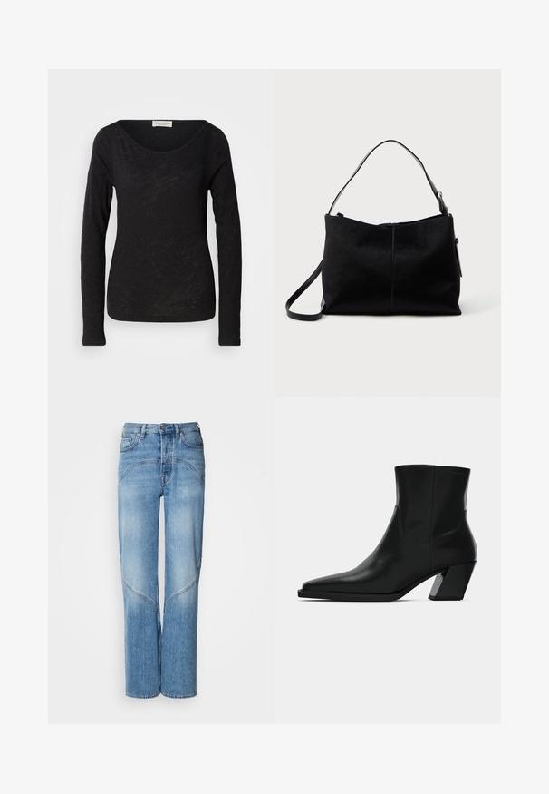 Zwarte lange mouw top gemaakt van een lichtgewicht, gestructureerde stof. Heeft een ronde halslijn en een aangesloten silhouet met minimale details.; Lichtblauwe denim jeans hebben een relaxte pasvorm, brede benen en gebogen stikseldetails. De stof heeft een gladde textuur met een lichte vervaging.; Zwarte leren enkelboot met een spitse neus, een slanke silhoeet en een chunky vierkante hak. Gladde textuur met minimale stikdetails.; Zwarte schoudertas met een zachte, gestructureerde oppervlakte, voorzien van een enkele schouderband en een ritsluiting aan de bovenkant. Compacter rechthoekige vorm.