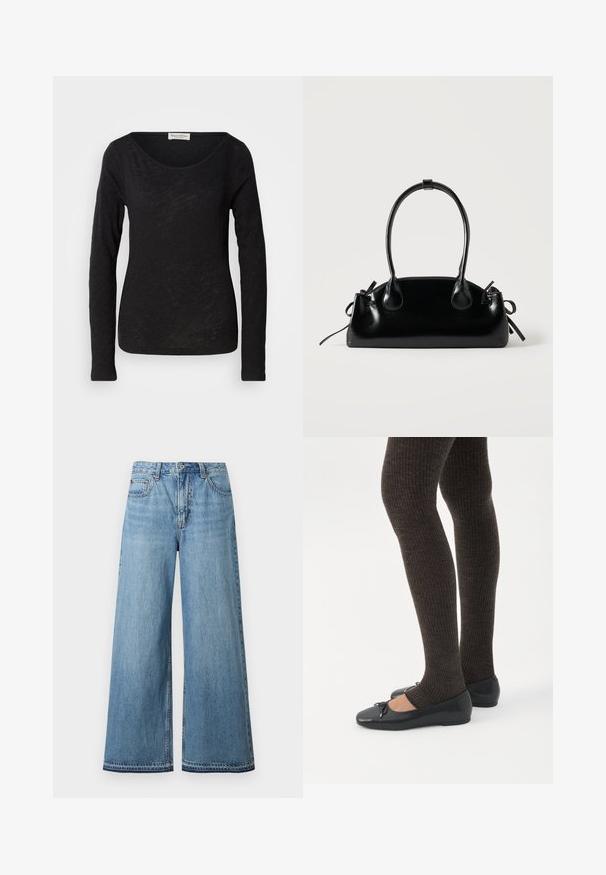 Sort langærmet top lavet af et let, tekstureret stof. Har en scoop-halsudskæring og en tætsiddende silhuet med minimal detaljering.; Højttaljede, lyseblå denimjeans med vide ben, knap- og lynlåslukning foran samt fem-lommer-design.; Ben iført mørke ribbede leggings kombineret med sorte balletsko med små sløjfedetaljer på hvid baggrund.; Lille sort blank håndtaske med to lange håndtag og snøre-detaljer i siden på en ensfarvet lys baggrund.
