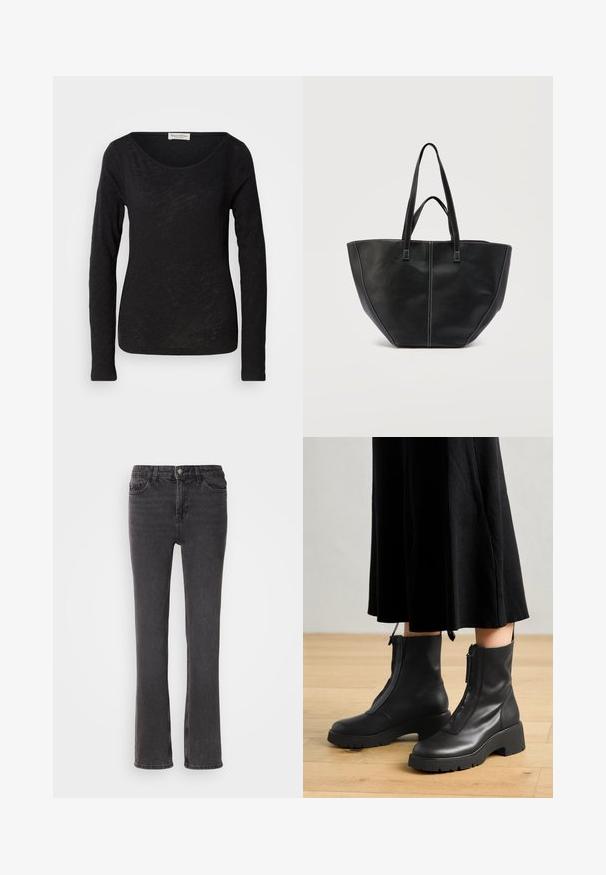 Schwarzes langärmliges Oberteil aus leichtem, strukturiertem Stoff. Hat einen runden Halsausschnitt und eine figurbetonte Silhouette mit minimalen Details.; Schwarze Denim-Jeans mit geradem Bein, ausgestattet mit Fronttaschen, einem Reißverschluss und dezenten Steppdetails. Der Stoff hat eine leichte Textur.; Schwarze Lederstiefeletten mit einer dicken Plattformsohle und einem Reißverschluss vorne. Glatte Textur mit einem minimalistischen Design.; Schwarze Ledertasche mit zwei Griffen und kontrastierend weißer Naht, mit einer breiten, strukturierten Form und zentralen Nahtdetails.