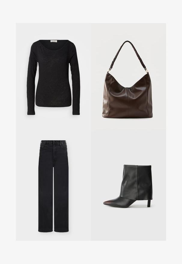 Schwarzes langärmliges Oberteil aus leichtem, strukturiertem Stoff. Hat einen runden Halsausschnitt und eine figurbetonte Silhouette mit minimalen Details.; Schwarze Jeans mit hoher Taille und weitem Bein, vorne mit Knopf- und Reißverschluss, Gürtelschlaufen sowie Vorder- und Gesäßtaschen, auf weißem Hintergrund dargestellt.; Schwarzer Knöchelstiefel aus glattem Leder mit spitzer Zehenpartie und schmalem Absatz. Das Obermaterial zeichnet sich durch ein leicht gerafftes Design aus.; Dunkelbraune Leder-Schultertasche mit geflochtenem Griff und sichtbaren Nahtdetails auf der Vorderseite.