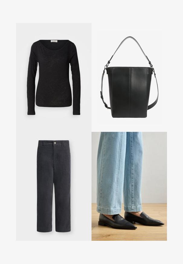 Schwarzes langärmliges Oberteil aus leichtem, strukturiertem Stoff. Hat einen runden Halsausschnitt und eine figurbetonte Silhouette mit minimalen Details.; Schwarze Cordhose mit geradem Bein, Knopf- und Reißverschluss, Gürtelschlaufen und ohne sichtbare Taschen auf einfarbigem Hintergrund.; Schwarze Lederschuhe mit spitzem Zehenbereich und Schlupfdesign, kombiniert mit hellblauen weit geschnittenen Jeans, auf einem Holzboden.; Schwarze Leder-Bucket-Bag mit zwei verstellbaren Schulterriemen und minimalen Nahtdetails auf schlichtem Hintergrund.