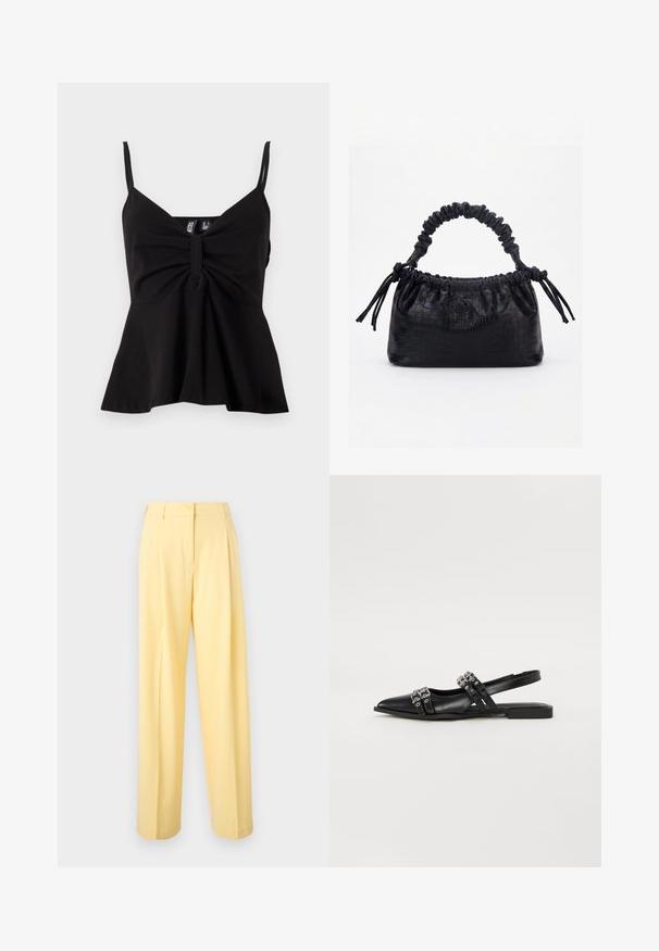 Haut noir sans manches avec un décolleté en V, une devant plissé et un ourlet évasé. Fabriqué dans un tissu lisse et extensible avec des bretelles fines réglables.; Pantalon taille haute jaune clair avec fermeture par bouton et zip, coupe droite jambes larges et devant plat.; Even&Odd by Zalando Ballerines à brides arrière - black; Sac à main noir avec texture crocodile, bord supérieur froncé, poignée plissée et pompons à cordon de chaque côté sur fond blanc.