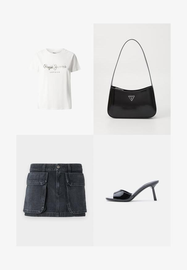 Witte katoenen t-shirt met korte mouwen, voorzien van een zilver metalen logo met de tekst "Pepe Jeans LONDON" in een casual schrift over de borst.; Zwarte denim rok met een aansluitende taille, knoopsluiting, twee grote voorzakken en contrasterende stiksel details.; Zwarte lakleren open-teen sandalen met hak, met een gebogen bovenkant ontwerp en een taps toelopende naaldhak. Gladde glanzende afwerking.; Zwarte lakleren schoudertas met een gebogen vorm, voorzien van een zilveren driehoeklogo en een ritssluiting. Gladde textuur en slanke schouderband.
