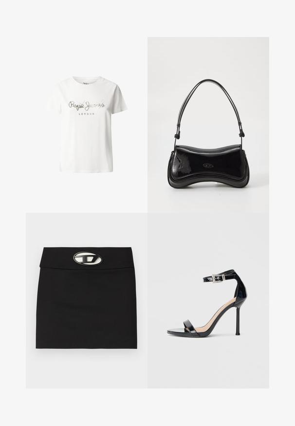 Weißes Baumwoll-T-Shirt mit kurzen Ärmeln, das ein silbernes metallisches Logo mit der Aufschrift "Pepe Jeans LONDON" in lässlicher Schrift über der Brust zeigt.; Schwarzer Minirock mit flachem Bund. Verfügt über eine auffällige metallische Logo-Schnalle an der Vorderseite. Hergestellt aus glattem Stoff ohne sichtbare Muster.; Schwarzer Riemchensandale aus Lackleder mit hohem Absatz und Knöchelriemen. Verfügt über ein minimalistisches Design, offene Zehenpartie und eine Schnalle mit Strassakzenten.; Schwarze Handtasche aus lackiertem Leder mit einer geschwungenen Form, einem einzelnen Griff und einem runden Boden. Verfügt über ein dezentes Logo-Detail auf der Vorderseite.