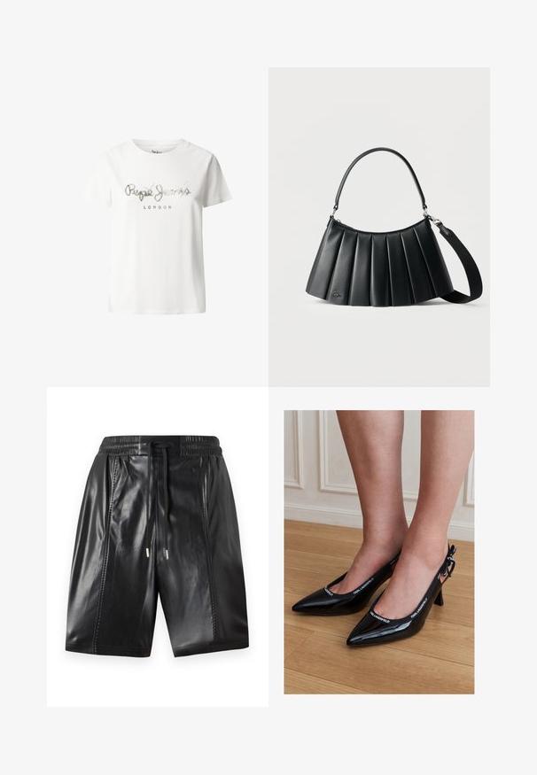 Valkoinen puuvillapaita lyhyillä hihoilla, jossa on hopeinen metallinen logo, jossa lukee "Pepe Jeans LONDON" rennolla käsinkirjoituksella rinnassa.; Mustat nahkahousut, joissa on joustava vyötärö, nyöritydetalji ja sivusaumat. Sileä pinta ja kiiltävä viimeistely.; Musta kiiltävä nahkaiset kärkiosalta terävät slingback-korkokengät, joissa on KARL LAGERFELD-brändätty koriste, jalassa puulattialla seisten.; Musta plissee nahkainen käsilaukku, jossa on yläkahva ja irrotettava olkahihna, yksinkertaisella vaalealla taustalla.