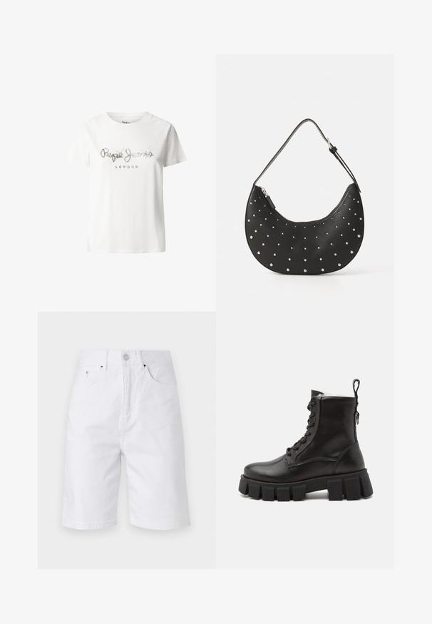 Valkoinen puuvillapaita lyhyillä hihoilla, jossa on hopeinen metallinen logo, jossa lukee "Pepe Jeans LONDON" rennolla käsinkirjoituksella rinnassa.; Vanessa Bruno CEDRIC - Farkkushortsit - blanc; Mustat nahkaiset nilkkurit, joissa on paksu kumipohja, pyöreä kärki, nauhalla suljettava etuosa ja vetoketju takana helppoa pukemista varten.; Mustat nahka käsilaukku, jonka muoto on kaareva ja jossa on hopeisia niittejä, varustettu vetoketjulla ja yhdellä säädettävällä olkahihnalla.