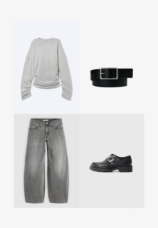Lichtgrijs shirt met lange mouwen en ronde hals, ontspannen pasvorm en lichte plooitjes aan de onderzoom, met label "Weekday" aan de binnenkant van de kraag.; Grijze wijde jeans van denim met knoop en rits aan de voorkant, riemlussen en vijfzakken ontwerp op een effen achtergrond.; Zwarte leren schoenen met een ronde neus, voorzien van een zijbuckle en een dikke, robuuste zool. Glad textuur met minimale stiksels.; Zwarte leren riem met zilveren rechthoekige gesp en meerdere verstelgaten, plat gelegd op een witte achtergrond.