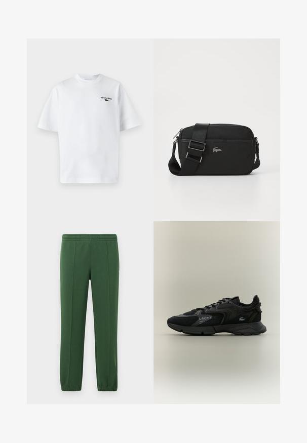 Camiseta de algodón blanca con mangas cortas, que presenta el texto "Jeu Set et Match" y un pequeño logo verde en el lado izquierdo del pecho. Corte clásico.; Pantalones de chándal verdes hechos de una tela suave; cuentan con una cintura elástica, perneras ajustadas y un pequeño logo en el lado.; Zapatilla negra Lacoste con paneles de malla y ante, suela negra, cordones, logo y texto de coordenadas en el lateral sobre un fondo beige liso.; Bandolera negra hecha de tela texturizada, con cierre de cremallera, correa ajustable y un logo plateado de Lacoste en la parte frontal.