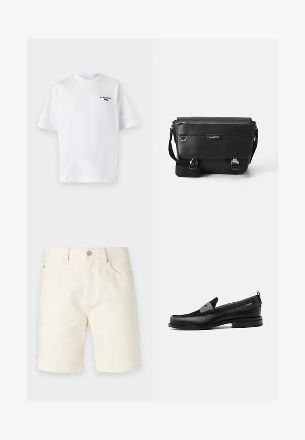 Witte katoen t-shirt met korte mouwen, met de tekst "Jeu Set et Match" en een klein groen logo op de linkerkant van de borst. Klassieke pasvorm.; Lichtbeige denim shorts met een klassieke snit, voorzien van vo pockets, riemlussen en een knoopsluiting. Glad textuur met een effen kleur.; Zwarte leren loafer met grijs riemdetailelement, lage hak en gestructureerde zool, aan de zijkant gebrandmerkt met "HUGO" in goud.; Zwarte textuur Lacoste schoudertas met verstelbare strap, voormep flap, ritszak en metalen gesp-sluiting.