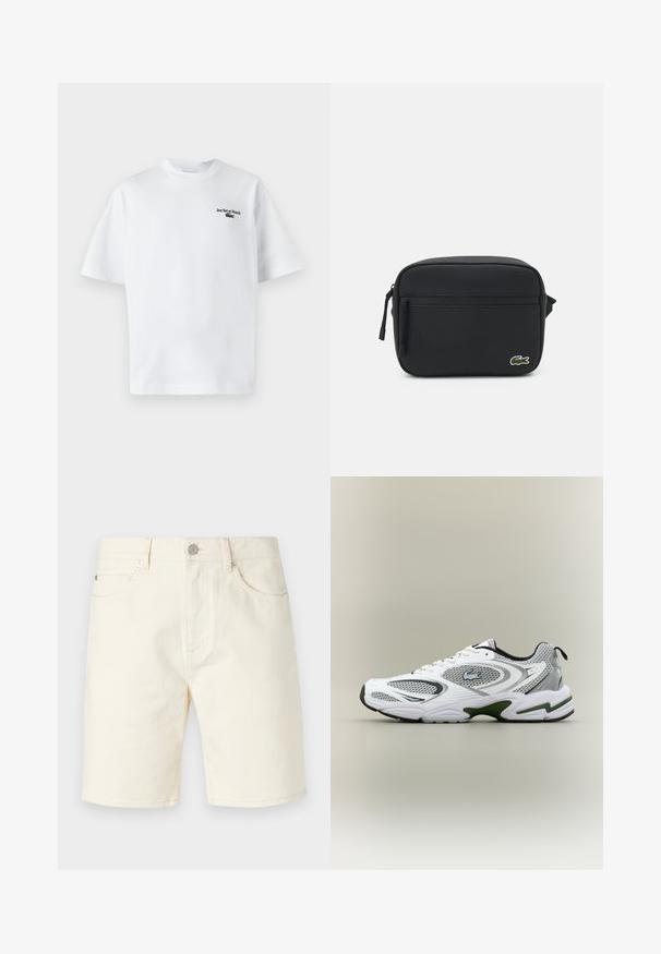 Witte katoen t-shirt met korte mouwen, met de tekst "Jeu Set et Match" en een klein groen logo op de linkerkant van de borst. Klassieke pasvorm.; Lichtbeige denim shorts met een klassieke snit, voorzien van vo pockets, riemlussen en een knoopsluiting. Glad textuur met een effen kleur.; Witte en grijze sportieve hardloopschoen met meshpanelen, groene accenten, zwarte details en een logo aan de zijkant, getoond vanaf de buitenkant.; Zwarte nylon crossbody tas met een gladde textuur, rechthoekige vorm, voorzak met rits en geborduurd logo accent.