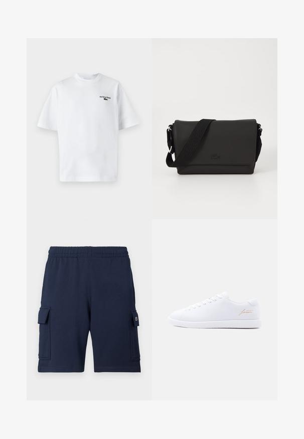 Weißes Baumwoll-T-Shirt mit kurzen Ärmeln, ausgestattet mit dem Text "Jeu Set et Match" und einem kleinen grünen Logo auf der linken Brust. Klassische Passform.; Marineblaue Cargo-Shorts aus weichem Stoff, mit einem elastischen Bund, zwei Seitentaschen und einem kleinen Logoakzent auf der linken Tasche.; Weißer Sneaker in niedriger Ausführung mit weißen Schnürsenkeln, strukturierter Sohle und goldener "Lacoste"-Schrift auf der Seite vor neutralem Hintergrund.; Lacoste MESSENGER BAG MEN CLASSIC - Umhängetasche - noir