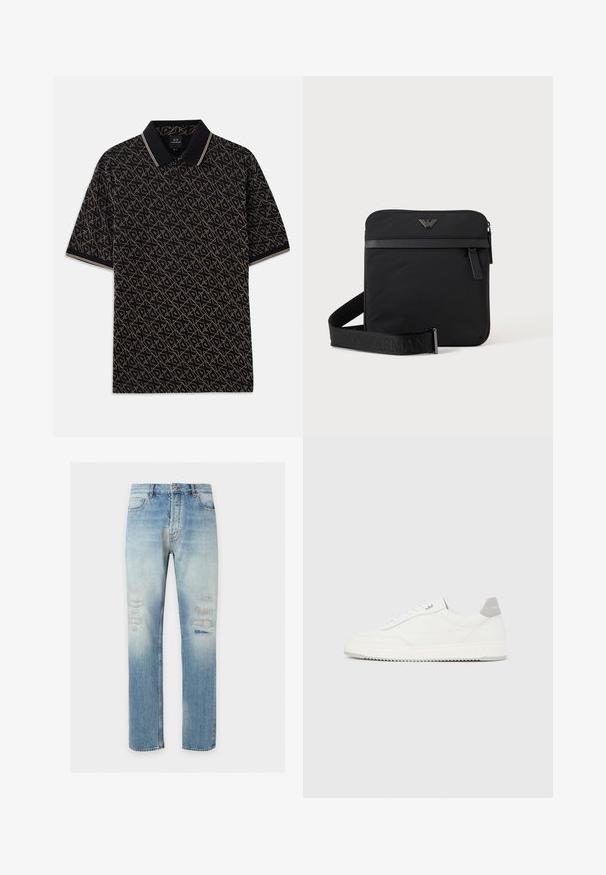 Camisa polo negra con un patrón geométrico dorado, de mangas cortas y un cuello clásico que presenta sutiles acentos a rayas.; Vaqueros de pierna recta de color azul claro con detalles sutiles desgastados y desteñidos en la parte frontal de los muslos, estilo clásico de cinco bolsillos y cierre de botón.; Zapatilla blanca de corte bajo con pestaña en el talón gris, cordones blancos y suela texturizada, presentada sobre un fondo claro y liso.; Bolso de hombro negro cuadrado con cierre de cremallera, bolsillo delantero y correa ajustable con nombre de marca en relieve.