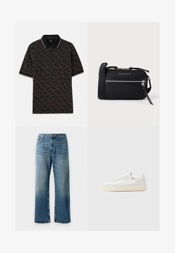 Sort polo skjorte med et geometrisk guld mønster, korte ærmer og en klassisk krave med diskrete stribede detaljer.; Lysblå brede jeans med en falmet vask, prydet med enkeltknaplukning, fem lommer og kontrastsyede detaljer.; Hvid sneakers med en øvre del i tekstureret ruskind og læder. Har rundet tå, snørelukning og kontrasterende beige gummisål.; Sort nylon crossbody-taske med sølvfarvet hardware, en lynlås i toppen, frontlomme og præget logo. Justerbar rem inkluderet.