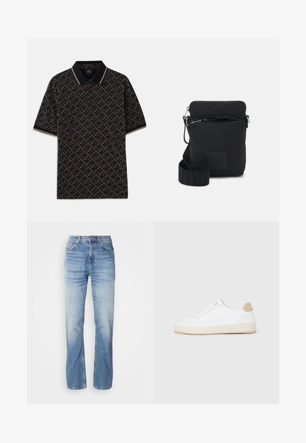 Sort polo skjorte med et geometrisk guld mønster, korte ærmer og en klassisk krave med diskrete stribede detaljer.; Lyseblå denimjeans med lige ben, slidt finish, fem lommer og knaplukning. Klassisk design og medium tykkelse.; Hvide lavt-op sneakers med en tekstureret læderoverdel, cremefarvet ribbet sål og en tan hælaccent. Har hvide snørebånd og logo-detalje på hælen.; Sort nylon crossbody taske med lynlås, justerbar stofrem og logo-patch. Har et minimalistisk design og en glat tekstur.