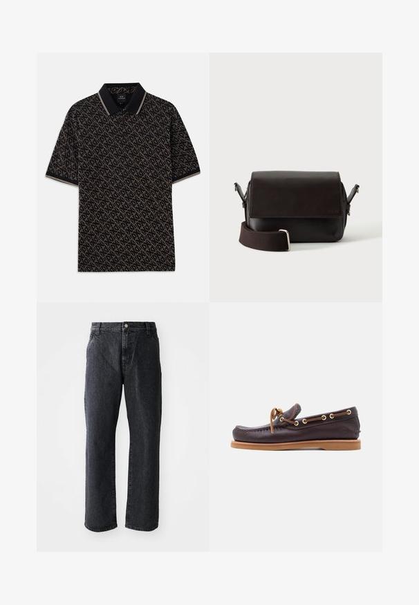 Sort polo skjorte med et geometrisk guld mønster, korte ærmer og en klassisk krave med diskrete stribede detaljer.; Sorte denim jeans med lige snit, med knaplukning, fem lommer og subtil tekstur. Klassisk design uden fremtrædende mønstre.; Mørkebrun læderbådsko med guldøjer og syede detaljer, udstyret med en polstret krave og tanfarvet gummisål for bedre greb.; Mørkebrun lædertaske med flaplukning og justerbar stofrem på hvid baggrund.