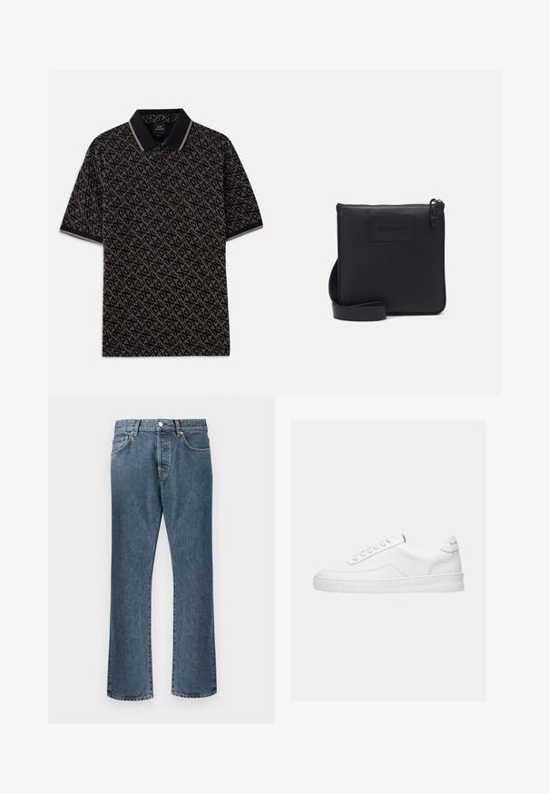Sort polo skjorte med et geometrisk guld mønster, korte ærmer og en klassisk krave med diskrete stribede detaljer.; Blå denim jeans med lige ben design, der har en klassisk knap- og lynlås lukning, fem lommer og subtilt slid.; Hvid lavt sneaker med snørelukning, glat læderoverdel og tyk sål, vist fra siden på en ensfarvet baggrund.; Sort læder crossbody taske med tekstureret overflade, rektangulær form, lynlås lukning og justerbar strop. Har et diskret brandlogo foran.