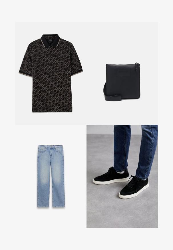 Camisa polo negra con un patrón geométrico dorado, de mangas cortas y un cuello clásico que presenta sutiles acentos a rayas.; Vaqueros de mezclilla azul claro de corte recto con cinco bolsillos, trabillas para cinturón y cierre de botón y cremallera.; Zapatillas de ante negras con suela de goma blanca, que presentan un diseño clásico de corte bajo, puntera redondeada y cordones planos negros.; Bolso cruzado de cuero negro con un acabado texturizado, forma rectangular, cierre de cremallera y correa ajustable. Presenta un discreto logo de la marca en el frente.