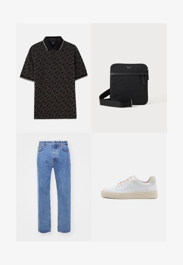 Sort polo skjorte med et geometrisk guld mønster, korte ærmer og en klassisk krave med diskrete stribede detaljer.; Won Hundred STEVE - Jeans Relaxed Fit - cut blue; Hvide sneakers med en glat læderoverdel, beige snørebånd og en tekstureret beige ruskindsheel-tab. Hævet sål for ekstra højde.; Sort firkantet skuldertaske med lynlås, frontlomme og justerbar rem med præget brandnavn.