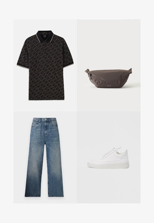 Camisa polo negra con un patrón geométrico dorado, de mangas cortas y un cuello clásico que presenta sutiles acentos a rayas.; Jeans de mezclilla azul de pierna ancha con cintura alta, que presentan un desgaste sutil, cinco bolsillos y un cierre de botón metálico en la parte delantera.; Zapatilla blanca de cuero con punta redondeada, suela plana y cierre de cordones. Presenta detalles de costuras y un cuello acolchado para mayor comodidad.; Riñonera de tela marrón oscuro con bolsillo diagonal con cremallera y pequeño logo blanco en el frontal, sobre un fondo liso y claro.