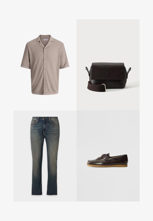 Chemise beige à manches courtes avec boutons, tissu texturé et col camp, étiquette "JACK & JONES" à l'intérieur du col.; Jean en denim bleu coupe droite avec légère décoloration sur les cuisses et les genoux, poches avant, passants de ceinture et fermeture par bouton.; Hereu SALER NAUTIC - Chaussures bateau - dark brown; Sac bandoulière en cuir marron foncé avec fermeture à rabat et sangle en tissu réglable sur fond blanc.