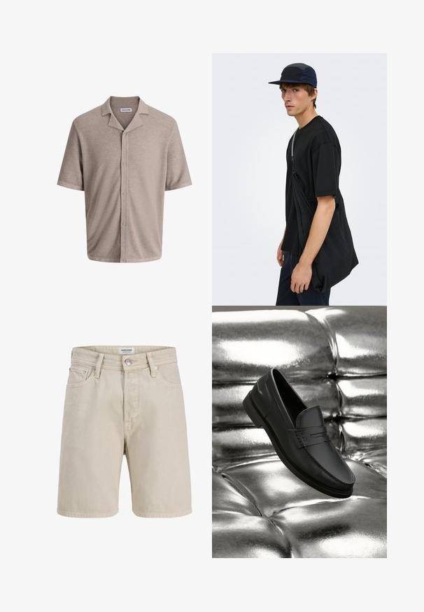 Chemise beige à manches courtes avec boutons, tissu texturé et col camp, étiquette "JACK & JONES" à l'intérieur du col.; Short en denim beige avec passants de ceinture, bouton devant, fermeture éclair, cinq poches et surpiqûres apparentes, présenté sur fond blanc.; Mocassins en cuir noir à texture lisse, avec des détails de couture et un design classique, présentés sur un fond métallique et brillant.; Jeune homme portant un t-shirt noir, une casquette bleu marine et noire, et portant un grand sac bandoulière noir sur un fond clair uni.