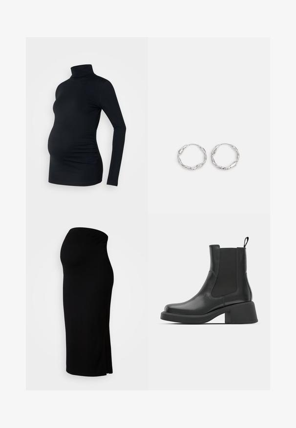 Sort langærmet turtleneck top i strækbart stof, designet til at rumme en gravid mave, med detaljeret side ruching.; MAMALICIOUS MLLIF MIDI SKIRT - Pencil skirt - black; Sorte læder ankelstøvler med elastiske sidepaneler, afrundet tå og en kraftig blokhæl. Glat tekstur med et minimalistisk design.; Sølv hoops med en bølget, uregelmæssig tekstur. Har en tynd, cirkulær form og en reflekterende finish.