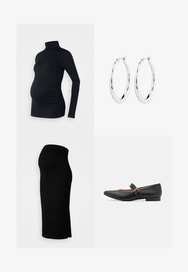 Mustast pikast varrukaturtleneck särk venivast kangast, mis on loodud raseda kõhu mahutamiseks, külgedel rüssimistooted.; MAMALICIOUS MLLIF MIDI SKIRT - Pliiatsseelik - black; Must värvitud nahast Mary Jane stiilis king, terava varba, kahe rihma ja konksuga, madala kontsaga ning sujuva tekstuuriga. Kujundatud ametlikuks välimuseks.; Hõbedased rõngaskõrvarõngad siledast ja läikivast viimistlusest. Ringikujuline, sisaldab kindlat kinnitust. Lihtne ja elegantne disain.