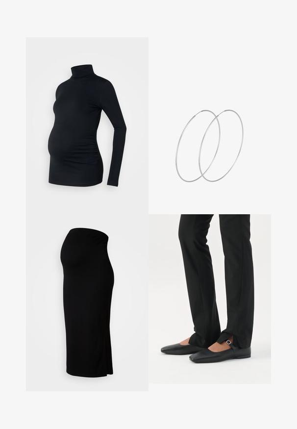 Zwarte lange mouwen turtleneck top van rekbaar materiaal, ontworpen om een zwangere buik te accommoderen, met ruching details aan de zijkanten.; MAMALICIOUS MLLIF MIDI SKIRT - Kokerrok - black; Benen met zwarte smalle broek met voorsplitten aan de zoom, gecombineerd met zwarte platte Mary Jane-schoenen met een klein gespje.; Zilveren hoepel oorbellen met een minimalistisch ontwerp. Cirkelvormig, gladde textuur en dun profiel. Lichtgewicht met een gepolijste afwerking.