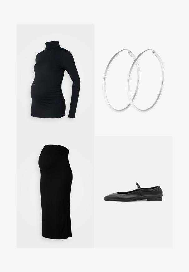 Top negro de manga larga con cuello de tortuga, fabricado con un material elástico, diseñado para adaptarse a una barriga de embarazada, con detalle de fruncido lateral.; MAMALICIOUS MLLIF MIDI SKIRT - Falda de tubo - black; Bailarinas de cuero negro con punta redonda, escote estrecho y una pequeña correa en el tobillo con una hebilla circular. Suela baja y plana.; Pendientes de aro en tono plateado con forma redonda y un acabado pulido. Ambos pendientes son del mismo tamaño y cuentan con un mecanismo de cierre seguro.