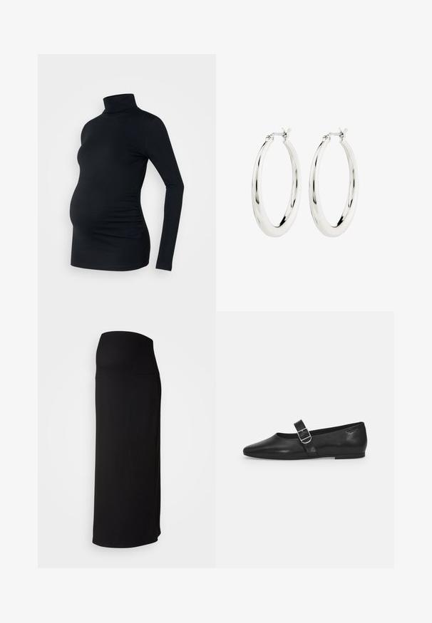 Zwarte lange mouwen turtleneck top van rekbaar materiaal, ontworpen om een zwangere buik te accommoderen, met ruching details aan de zijkanten.; Zwarte geribbelde maxi rok met een hoge tailleband, kenmerkend door een rechte silhoeët en een zijsplit. Gemaakt van een zachte, rekbare stof.; Zwarte leren platte schoen met een ronde neus, een enkele verstelbare gespsluiting en een gladde, glanzende textuur. Minimalistisch ontwerp met een lage hak.; Zilveren oorbellen in de vorm van een gladde, glanzende ring. Circulaire vorm, voorzien van een veilige sluiting. Eenvoudig en elegant ontwerp.