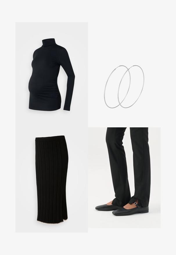 Top negro de manga larga con cuello de tortuga, fabricado con un material elástico, diseñado para adaptarse a una barriga de embarazada, con detalle de fruncido lateral.; Falda de punto negra con nervadura vertical, cintura ajustada y una abertura lateral con un acento decorativo dorado en el dobladillo.; Piernas con pantalones ajustados negros con aberturas frontales en el dobladillo, combinados con zapatos planos Mary Jane negros con una pequeña correa con hebilla.; Pendientes de aro plateados con un diseño minimalista. Forma circular, textura suave y perfil delgado. Livianos con un acabado pulido.