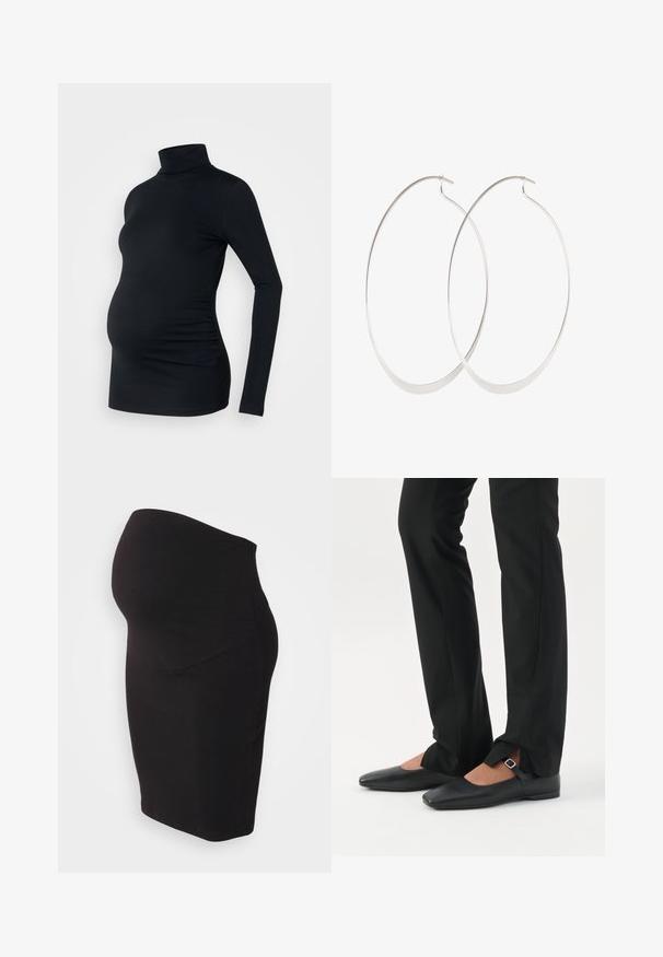 Zwarte lange mouwen turtleneck top van rekbaar materiaal, ontworpen om een zwangere buik te accommoderen, met ruching details aan de zijkanten.; Zwarte zwangerschapsrok gemaakt van zachte, rekbare stof. Heeft een hoge tailleband voor comfort en een aangesloten ontwerp dat zich naar het lichaam vormt.; Benen met zwarte smalle broek met voorsplitten aan de zoom, gecombineerd met zwarte platte Mary Jane-schoenen met een klein gespje.; Zilveren oorringen met een dun, glad ontwerp; langwerpige ovale vorm; gepolijste afwerking; voorzien van een veilige haaksluiting.