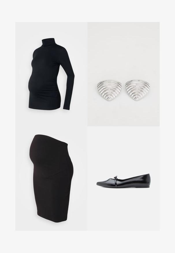 Zwarte lange mouwen turtleneck top van rekbaar materiaal, ontworpen om een zwangere buik te accommoderen, met ruching details aan de zijkanten.; Zwarte zwangerschapsrok gemaakt van zachte, rekbare stof. Heeft een hoge tailleband voor comfort en een aangesloten ontwerp dat zich naar het lichaam vormt.; Zwarte lakleren balletflat met een spitse neus, decoratieve riem en een gladde textuur. Minimalistisch ontwerp zonder zichtbare accenten.; Zilverkleurige oorknoppen met een golvend, getextureerd ontwerp, gevormd als overlappende maanschijven; de gepolijste afwerking versterkt de reflecterende kwaliteiten.