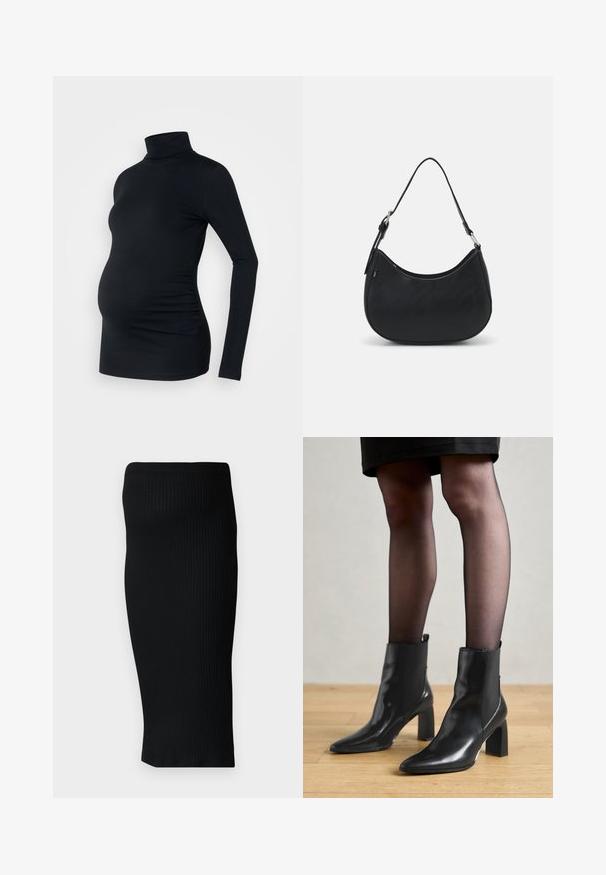 Top negro de manga larga con cuello de tortuga, fabricado con un material elástico, diseñado para adaptarse a una barriga de embarazada, con detalle de fruncido lateral.; Falda midi de punto negro acanalado con una silueta ajustada y un cinturón ancho. Textura suave, sin patrones ni acentos visibles.; Botines de cuero negro hasta el tobillo con punta afilada, tacón cuadrado grueso y diseño elegante. Presentan paneles laterales elásticos para facilitar el uso.; Bolso hobo negro hecho de cuero suave con una silueta curva, que cuenta con una sola correa ajustable y detalles de diseño minimalistas.