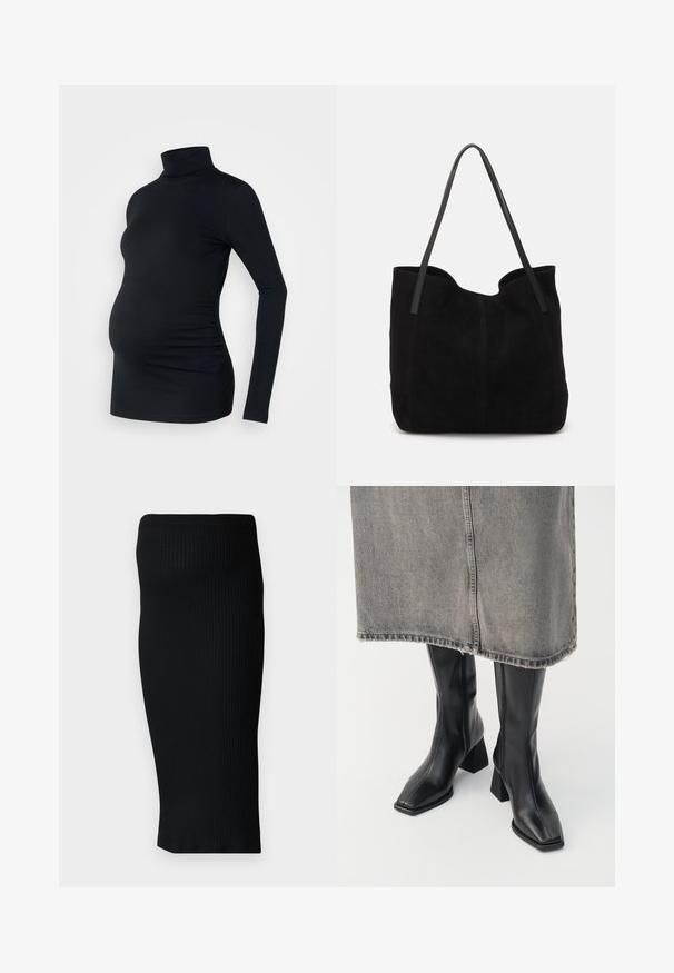 Haut à manches longues noir à col roulé en tissu extensible, conçu pour accueillir un ventre de femme enceinte, avec des détails de fronces sur les côtés.; Jupe midi noire en maille côtelée avec une silhouette ajustée et une large taille. Texture lisse, sans motifs ni accents visibles.; Bottes noires montantes en cuir lisse avec un bout carré et un talon bloc. Portées avec une jupe en denim grise à l'ourlet effiloché.; Sac fourre-tout en suède noir avec deux longues anses en cuir plates. Présente un bord supérieur incurvé et des coutures visibles sur le devant. Pas d'accents en métal.