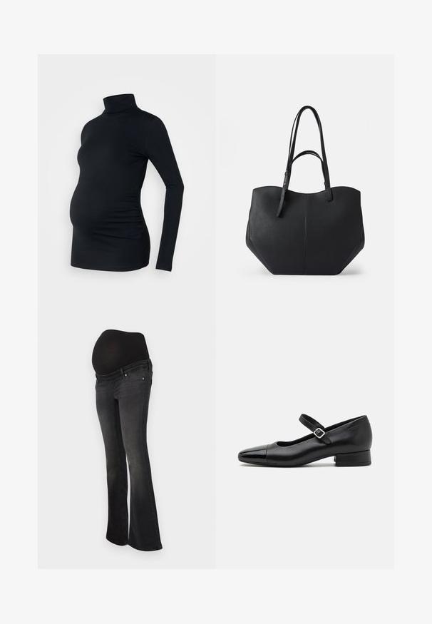 Zwarte lange mouwen turtleneck top van rekbaar materiaal, ontworpen om een zwangere buik te accommoderen, met ruching details aan de zijkanten.; Zwangerschapsjeans in donkergrijze denim met een rekbare zwarte flap voor buikwandsteun, flared leg ontwerp en een klassieke vijf-pocket stijl.; Zwarte leren Mary Jane schoenen met een gepatenteerde neus, verstelbare enkelband en lage blokhak. Een gladde textuur en een elegante uitstraling.; Zwarte tote bag van glad, textuurleer, met een ronde bovenkant en dubbele lange handvatten. Heeft een hoekige basis voor stabiliteit en een gestructureerd ontwerp.