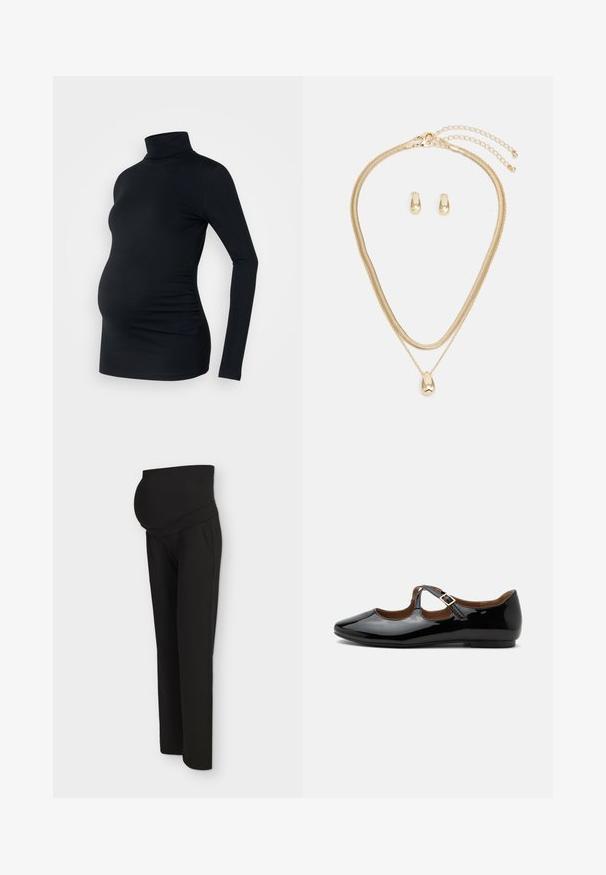Zwarte lange mouwen turtleneck top van rekbaar materiaal, ontworpen om een zwangere buik te accommoderen, met ruching details aan de zijkanten.; Zwarte zwangerschapsbroek met een hoge elastische tailleband, ontworpen om comfortabel over een zwangere buik te passen, weergegeven op een lichte achtergrond.; Zwarte lakleren Mary Jane platte schoen met twee uitsparingen en een gouden gespbandje op een witte achtergrond.; Gouden sieradenset met een gelaagde ketting met een druppelvormige hanger en bijpassende studoorbellen, allemaal in een gepolijste afwerking.