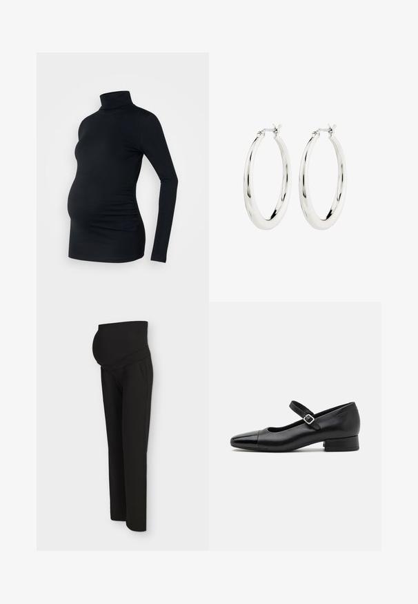 Sort langærmet turtleneck top i strækbart stof, designet til at rumme en gravid mave, med detaljeret side ruching.; Sort graviditetsbukser med høj elastisk linning designet til at passe komfortabelt over en gravid mave, vist på en lys baggrund.; Sorte læder Mary Jane-sko med en patenttå, justerbar ankelrem og lav blokhæl. Glat tekstur og strømlinet design.; Sølvøreringe i form af hoops med en glat, blank finish. Cirkulær form, der har en sikker lås. Simpelt og elegant design.