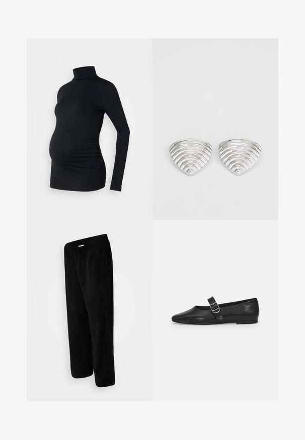 Schwarzes Langarm-Turtleneck-Oberteil aus dehnbarem Stoff, das für einen schwangeren Bauch konzipiert ist und mit seitlichen Raffung-Details versehen ist.; Schwarze Cordhosen mit entspannter Passform, ausgestattet mit einem elastischen Bund und cropped Länge. Weicher Stoff mit vertikalem Rippmuster.; Schwarzer Lederflatschuh mit runder Zehenform, einem verstellbaren Schnallenriemen und einer glatten, glänzenden Oberfläche. Minimalistisches Design mit einem niedrigen Absatz.; Ohrringe in Silberoptik mit einem wellenförmigen, strukturierten Design, das wie überlappende Halbmonden geformt ist; die polierte Oberfläche verstärkt die reflektierenden Eigenschaften.