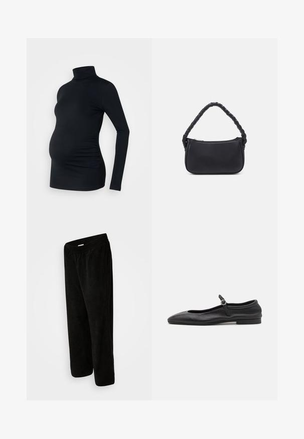 Zwarte lange mouwen turtleneck top van rekbaar materiaal, ontworpen om een zwangere buik te accommoderen, met ruching details aan de zijkanten.; Zwarte corduroybroek met een relaxed fit, met een elastische tailleband en een cropped lengte. Zachte textuur met een verticale ribbelpatroon.; Zwarte leren ballerina's met een ronde neus, smalle vamp en een kleine enkelband met een ronde gesp. Lage, platte zool.; Zwarte handtas met een ronde vorm, gemaakt van glad materiaal. Heeft een gevlochten handvat en een ritsluiting voor veilige opslag.